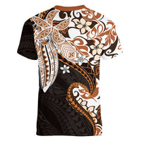 Monstera Plumeria Flowers Orange Women V-Neck T-Shirt Polynesian Pattern