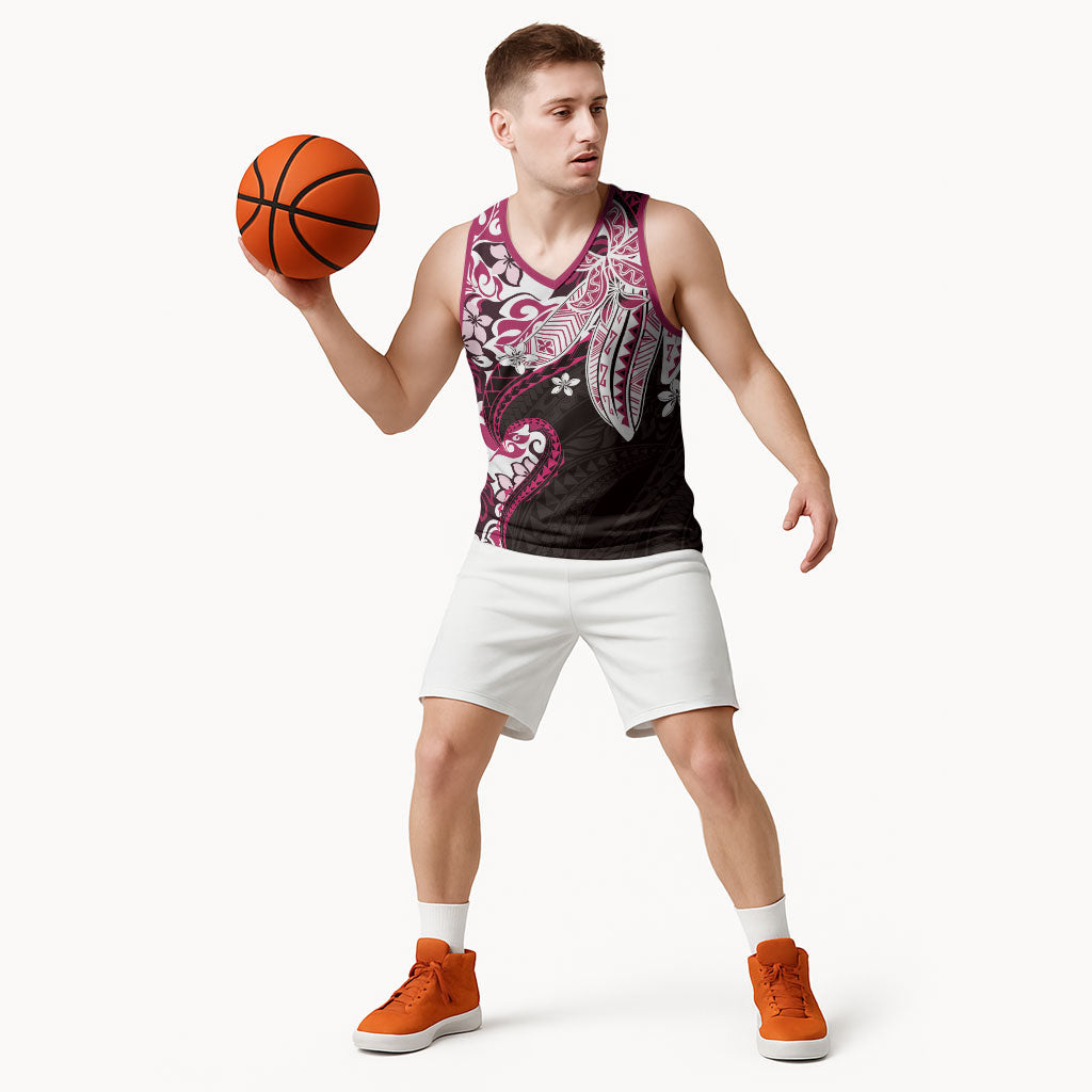 Monstera Plumeria Flowers Pink Basketball Jersey Polynesian Pattern
