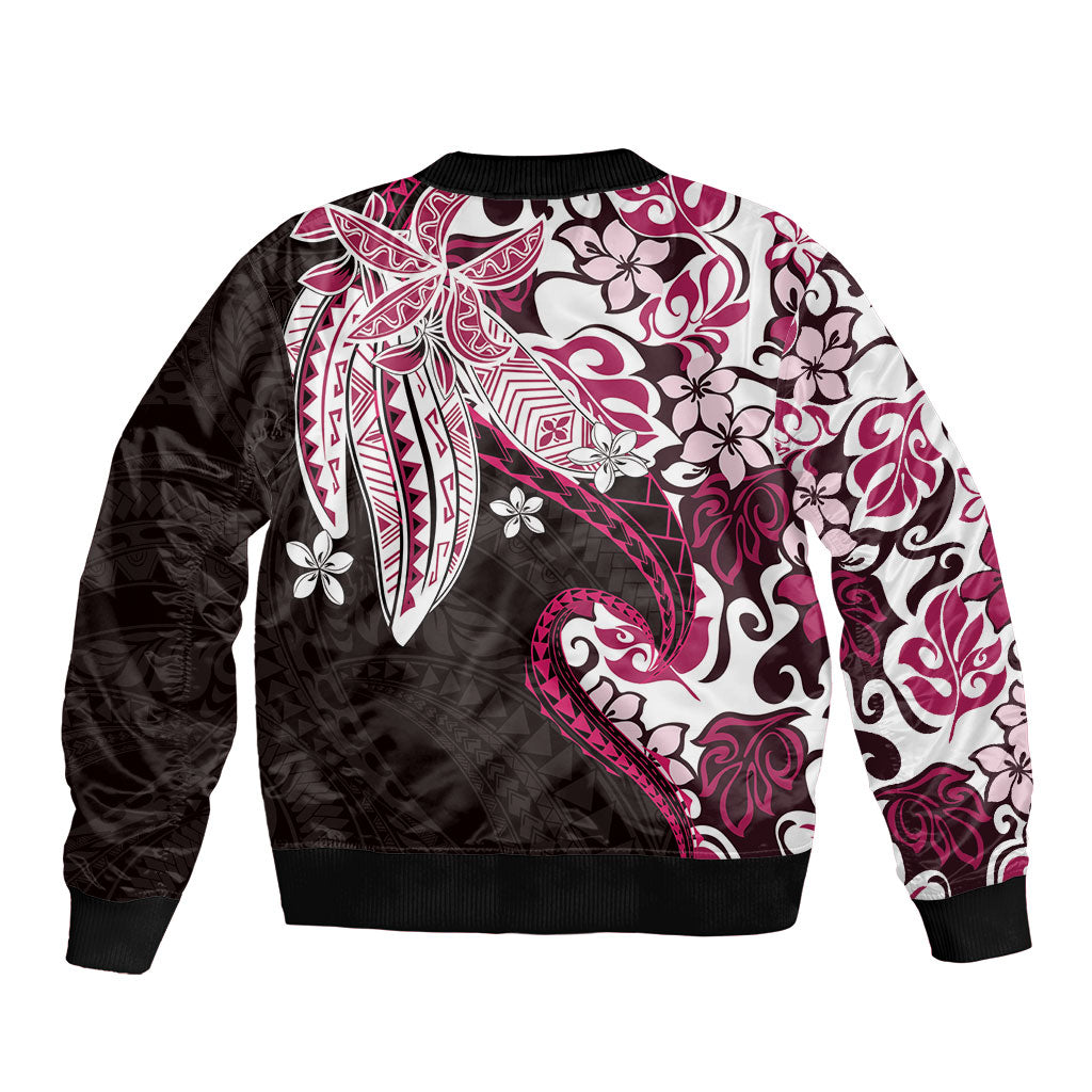 Monstera Plumeria Flowers Pink Bomber Jacket Polynesian Pattern
