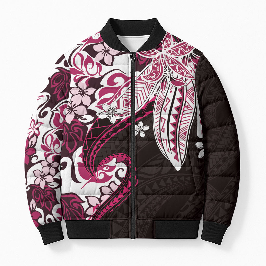 Monstera Plumeria Flowers Pink Bomber Puffer Jacket Polynesian Pattern