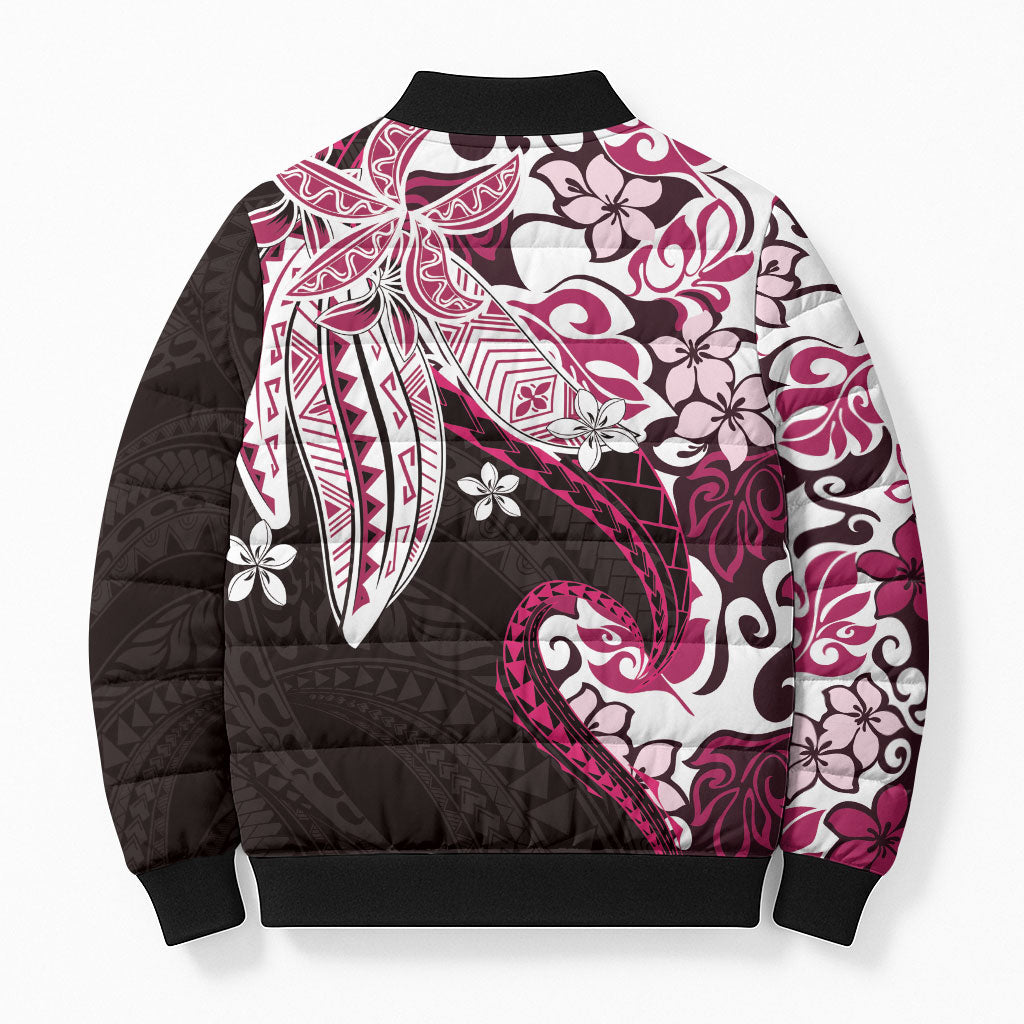 Monstera Plumeria Flowers Pink Bomber Puffer Jacket Polynesian Pattern