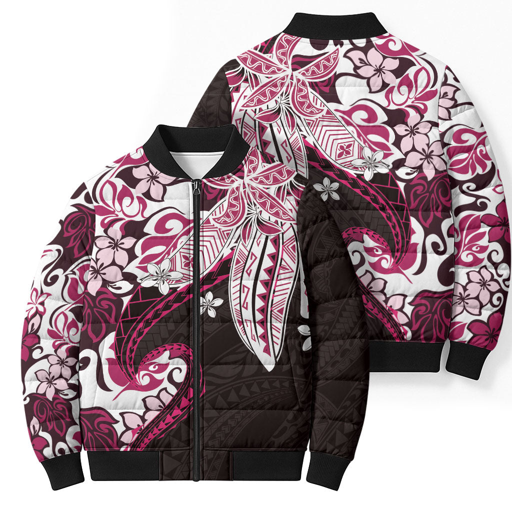 Monstera Plumeria Flowers Pink Bomber Puffer Jacket Polynesian Pattern