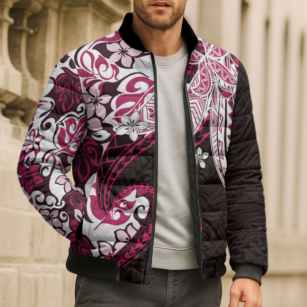 Monstera Plumeria Flowers Pink Bomber Puffer Jacket Polynesian Pattern