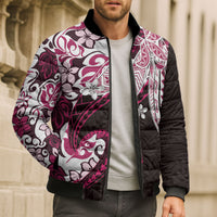 Monstera Plumeria Flowers Pink Bomber Puffer Jacket Polynesian Pattern