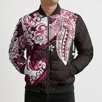Monstera Plumeria Flowers Pink Bomber Puffer Jacket Polynesian Pattern