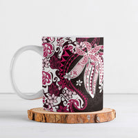 Monstera Plumeria Flowers Pink Ceramic Mug Polynesian Pattern