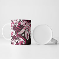 Monstera Plumeria Flowers Pink Ceramic Mug Polynesian Pattern