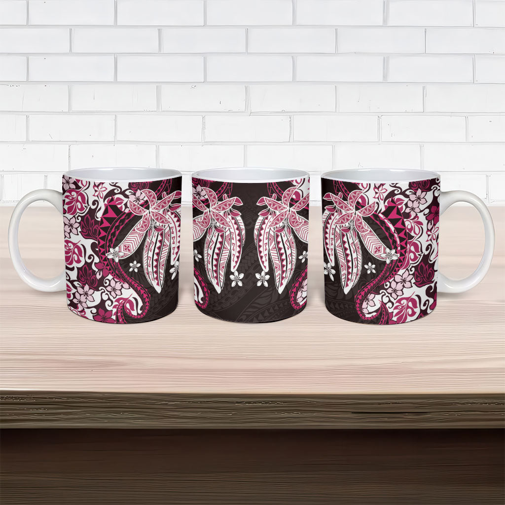 Monstera Plumeria Flowers Pink Ceramic Mug Polynesian Pattern