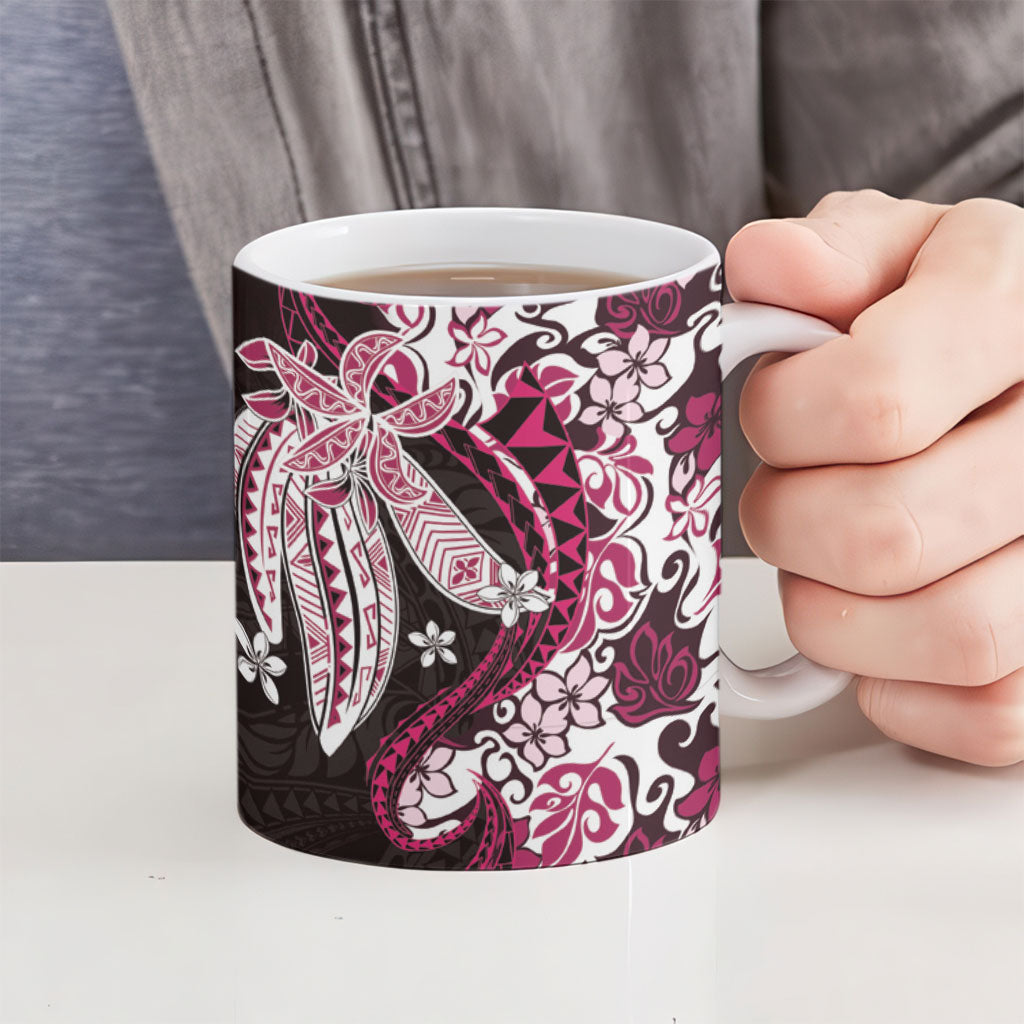 Monstera Plumeria Flowers Pink Ceramic Mug Polynesian Pattern