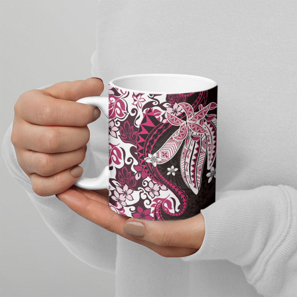 Monstera Plumeria Flowers Pink Ceramic Mug Polynesian Pattern