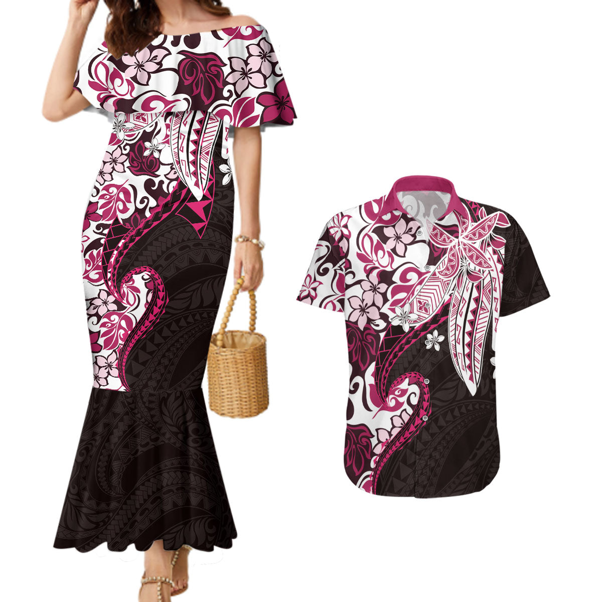 Monstera Plumeria Flowers Pink Couples Matching Mermaid Dress and Hawaiian Shirt Polynesian Pattern LT01 Pink - Polynesian Pride