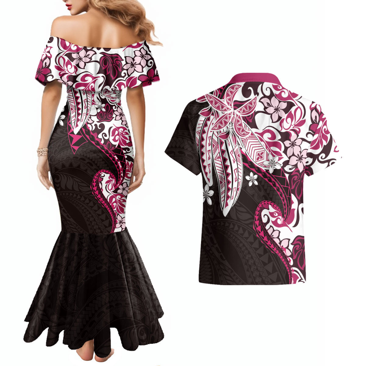 Monstera Plumeria Flowers Pink Couples Matching Mermaid Dress and Hawaiian Shirt Polynesian Pattern LT01 - Polynesian Pride