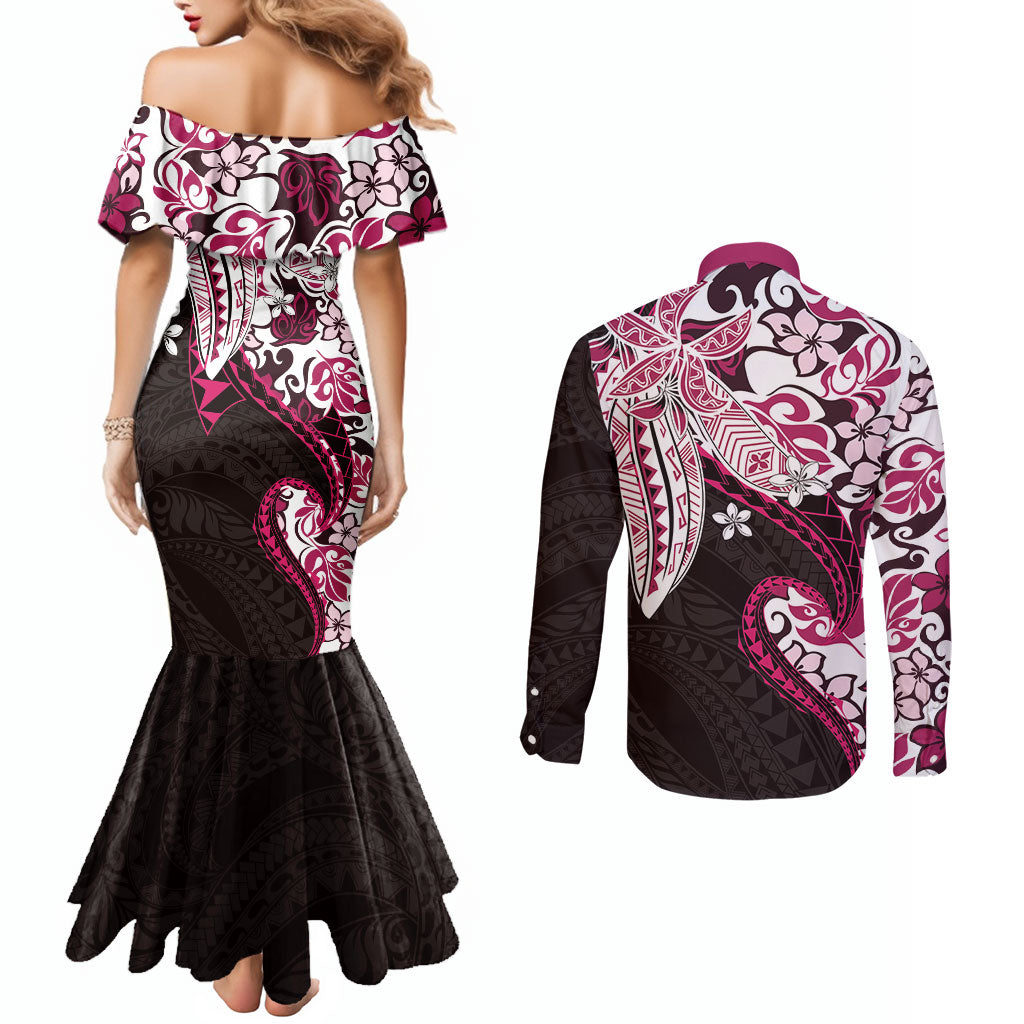 Monstera Plumeria Flowers Pink Couples Matching Mermaid Dress and Long Sleeve Button Shirt Polynesian Pattern