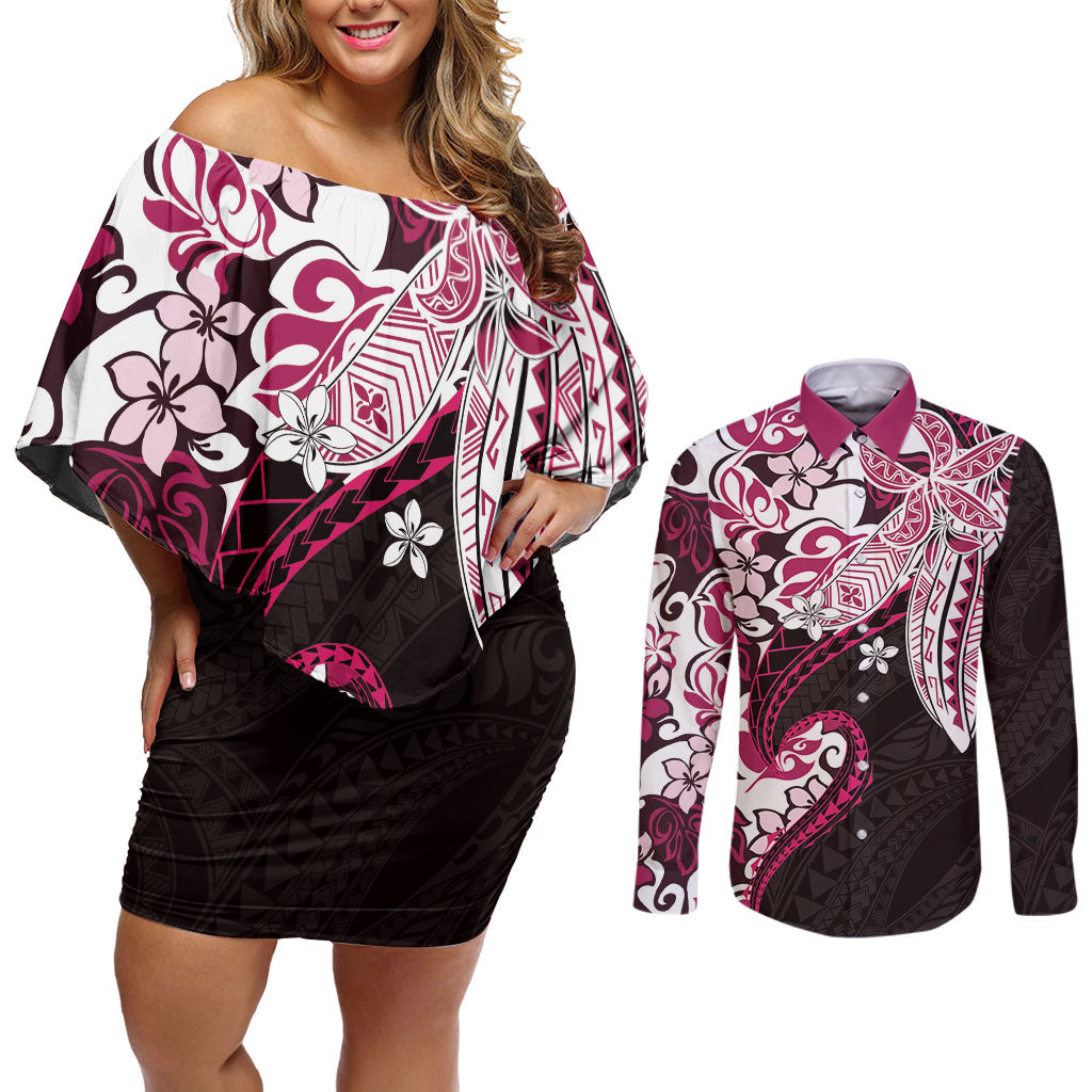 Monstera Plumeria Flowers Pink Couples Matching Off Shoulder Short Dress and Long Sleeve Button Shirt Polynesian Pattern