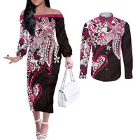 Monstera Plumeria Flowers Pink Couples Matching Off The Shoulder Long Sleeve Dress and Long Sleeve Button Shirt Polynesian Pattern LT01 Pink - Polynesian Pride