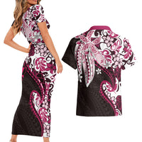 Monstera Plumeria Flowers Pink Couples Matching Short Sleeve Bodycon Dress and Hawaiian Shirt Polynesian Pattern LT01 - Polynesian Pride