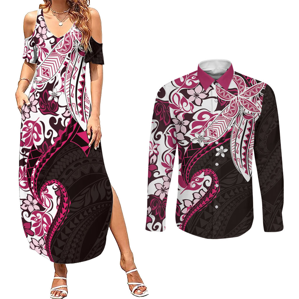 Monstera Plumeria Flowers Pink Couples Matching Summer Maxi Dress and Long Sleeve Button Shirt Polynesian Pattern