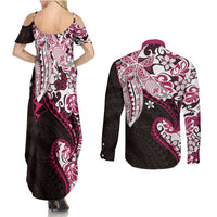 Monstera Plumeria Flowers Pink Couples Matching Summer Maxi Dress and Long Sleeve Button Shirt Polynesian Pattern