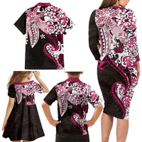 Monstera Plumeria Flowers Pink Family Matching Long Sleeve Bodycon Dress and Hawaiian Shirt Polynesian Pattern