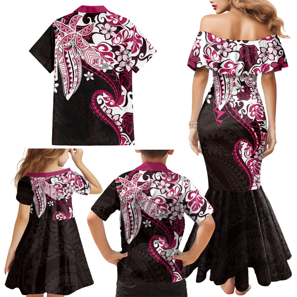 Monstera Plumeria Flowers Pink Family Matching Mermaid Dress and Hawaiian Shirt Polynesian Pattern