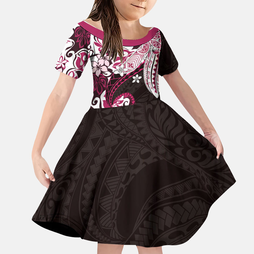 Monstera Plumeria Flowers Pink Family Matching Off Shoulder Short Dress and Hawaiian Shirt Polynesian Pattern LT01 Daughter's Dress Pink - Polynesian Pride