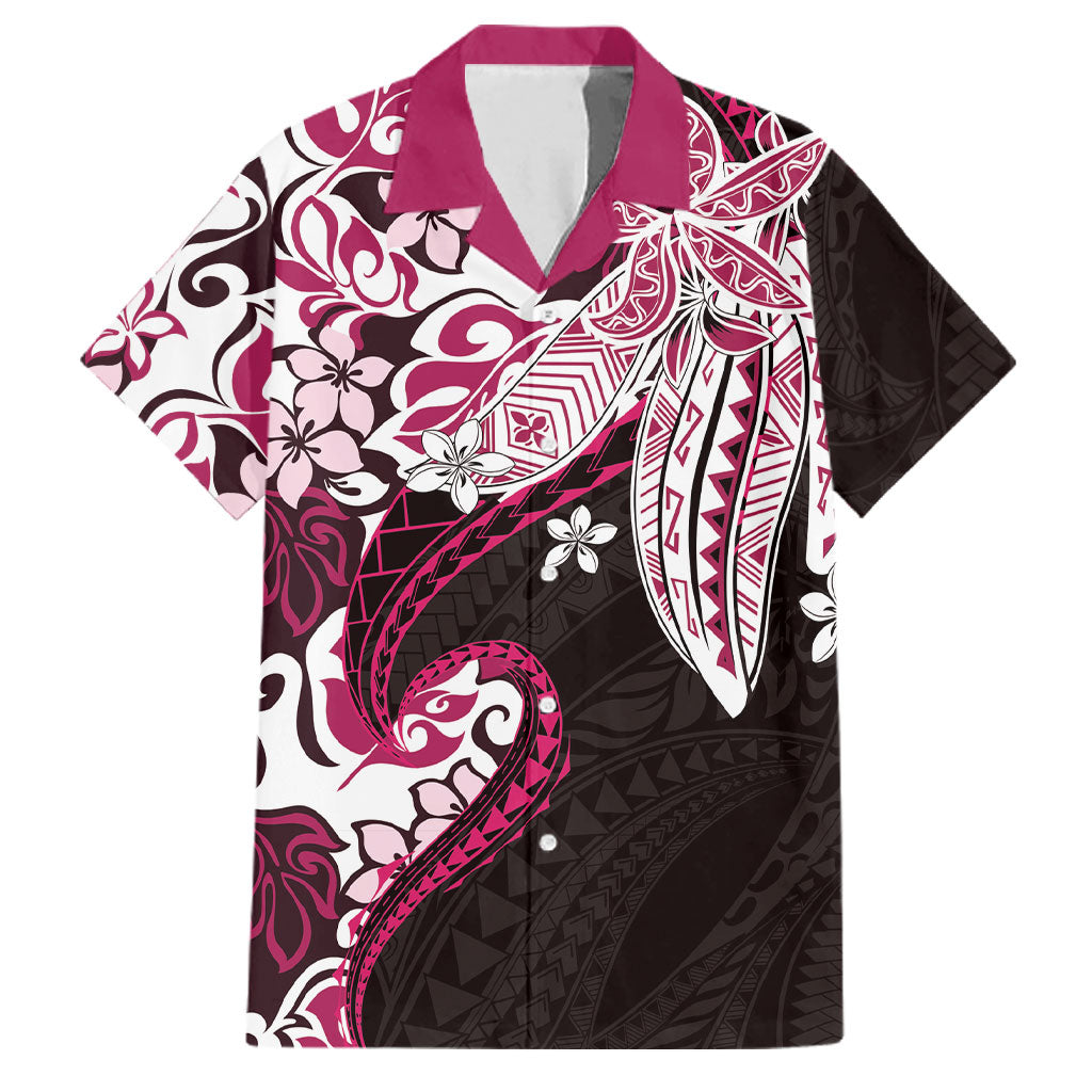 Monstera Plumeria Flowers Pink Family Matching Off Shoulder Short Dress and Hawaiian Shirt Polynesian Pattern LT01 Dad's Shirt - Short Sleeve Pink - Polynesian Pride