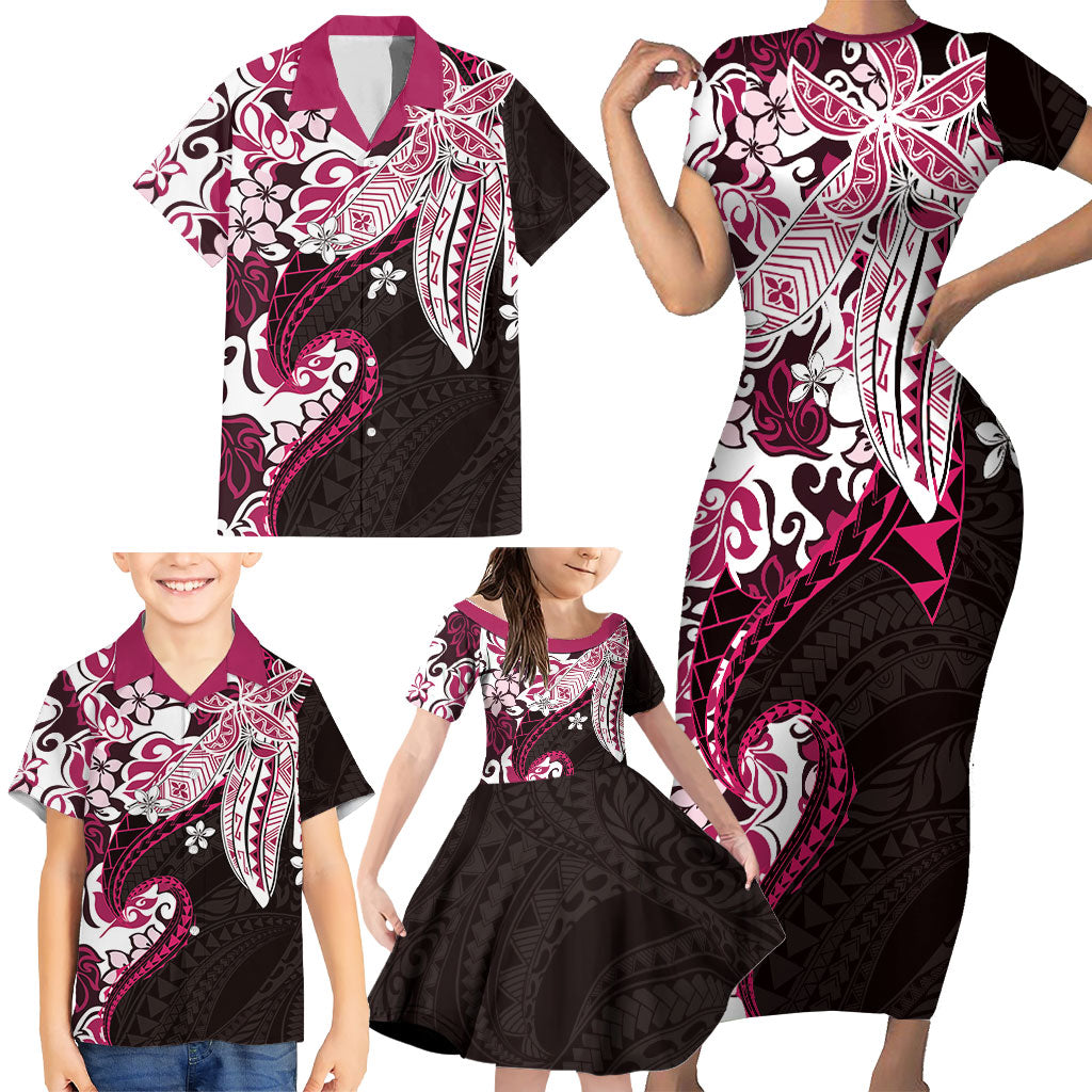 Monstera Plumeria Flowers Pink Family Matching Short Sleeve Bodycon Dress and Hawaiian Shirt Polynesian Pattern