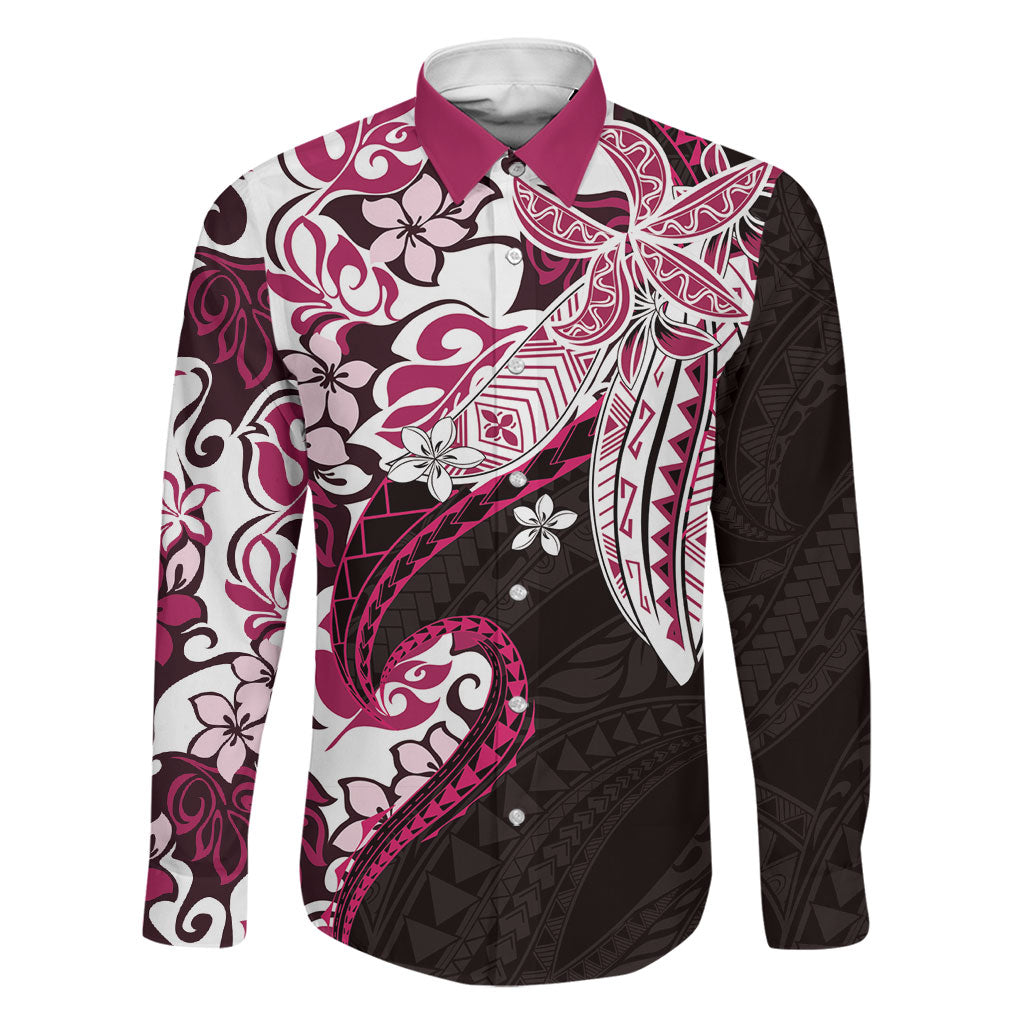 Monstera Plumeria Flowers Pink Family Matching Summer Maxi Dress and Hawaiian Shirt Polynesian Pattern LT01 Dad's Shirt - Long Sleeve Pink - Polynesian Pride