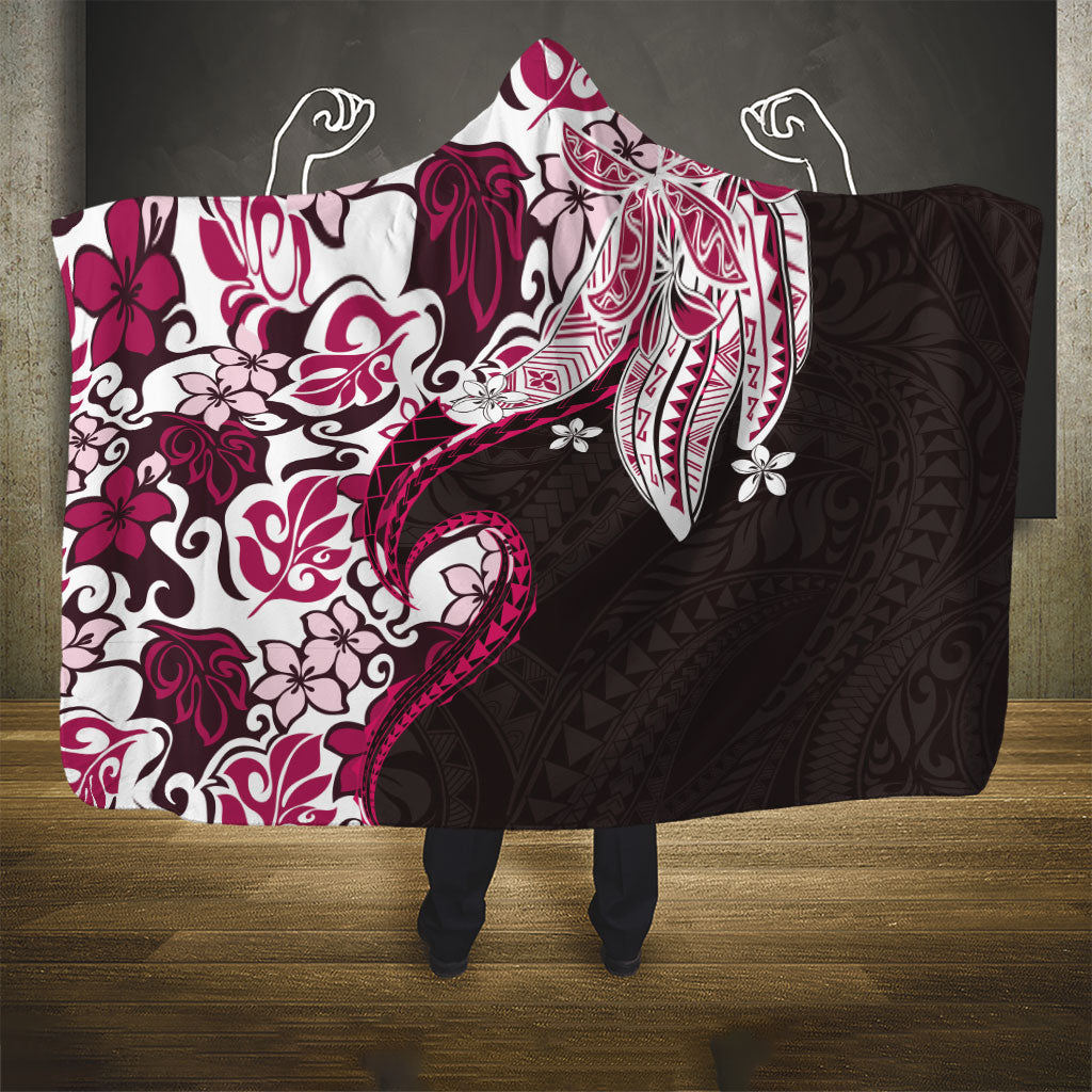 Monstera Plumeria Flowers Pink Hooded Blanket Polynesian Pattern