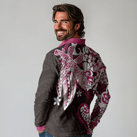 Monstera Plumeria Flowers Pink Long Sleeve Polo Shirt Polynesian Pattern
