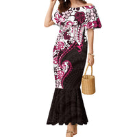 Monstera Plumeria Flowers Pink Mermaid Dress Polynesian Pattern