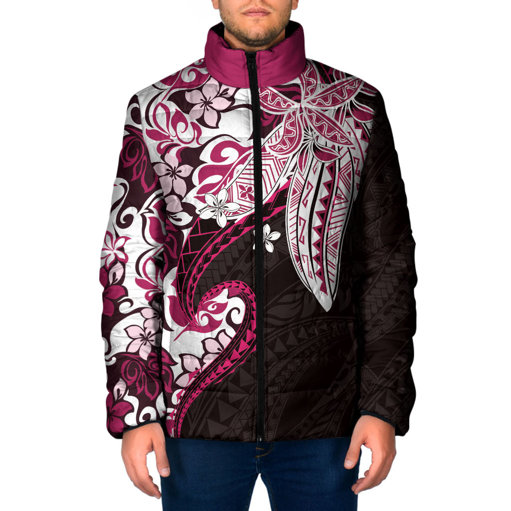 Monstera Plumeria Flowers Pink Padded Jacket Polynesian Pattern