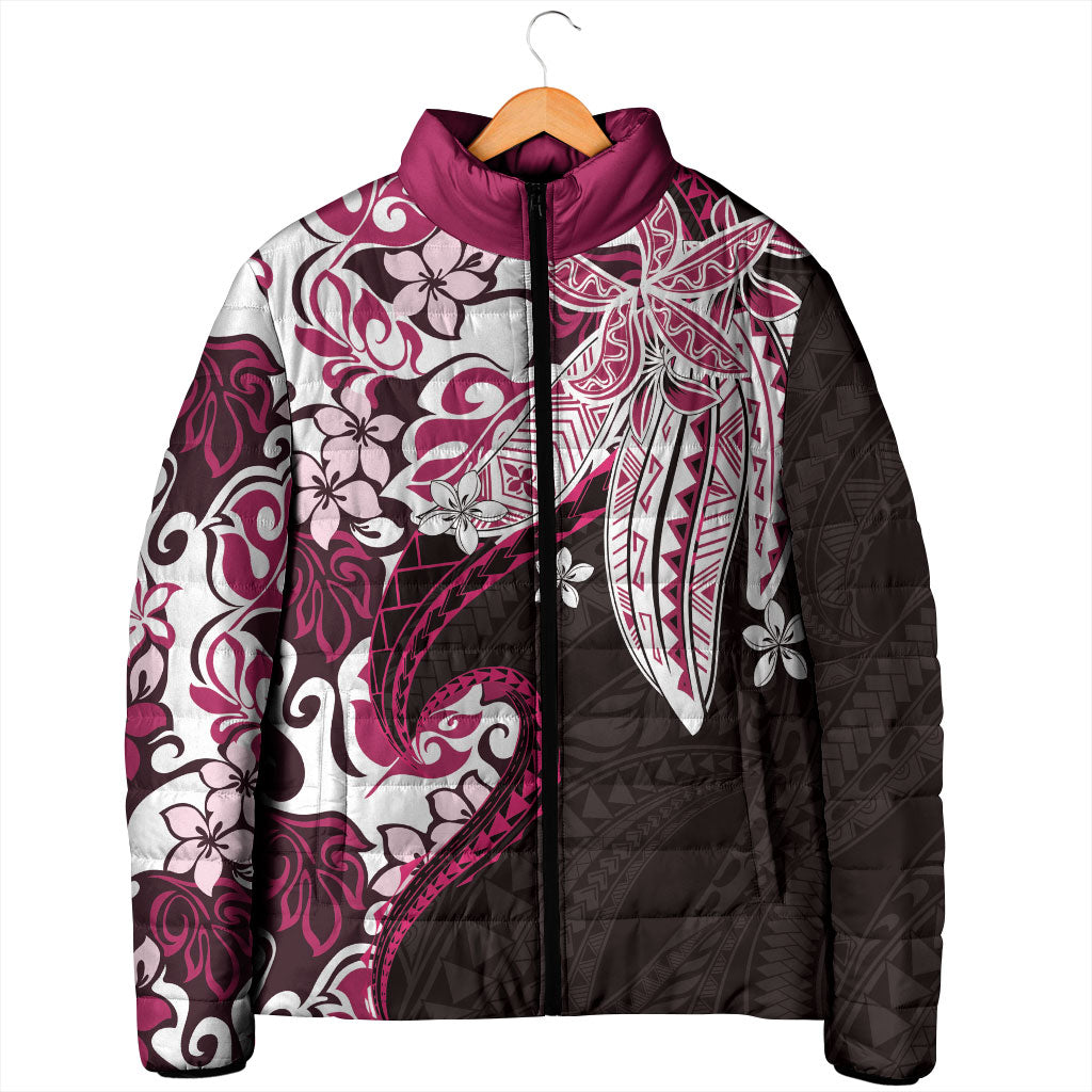 Monstera Plumeria Flowers Pink Padded Jacket Polynesian Pattern