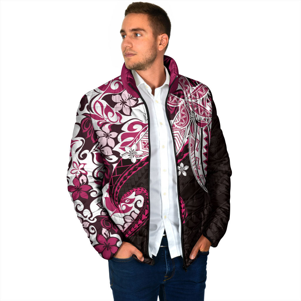 Monstera Plumeria Flowers Pink Padded Jacket Polynesian Pattern
