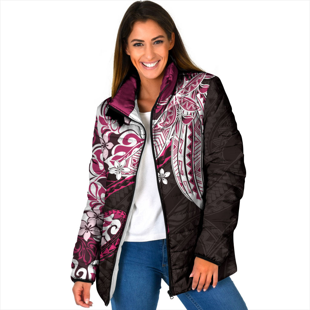Monstera Plumeria Flowers Pink Padded Jacket Polynesian Pattern