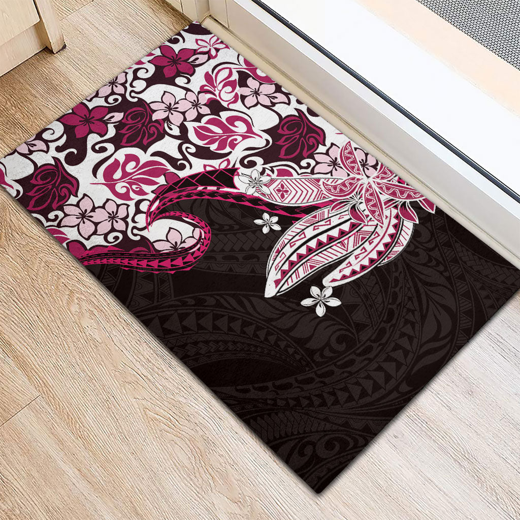 Monstera Plumeria Flowers Pink Rubber Doormat Polynesian Pattern