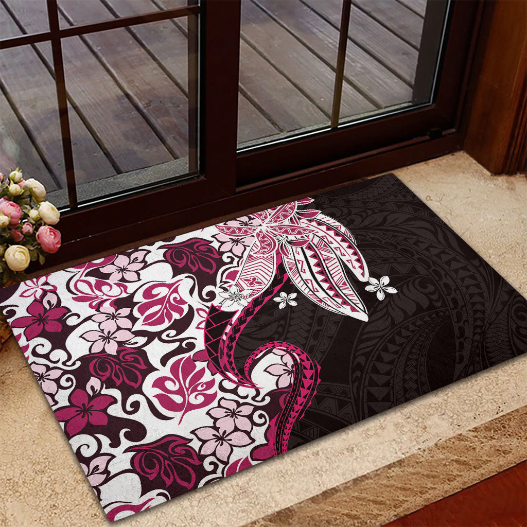 Monstera Plumeria Flowers Pink Rubber Doormat Polynesian Pattern