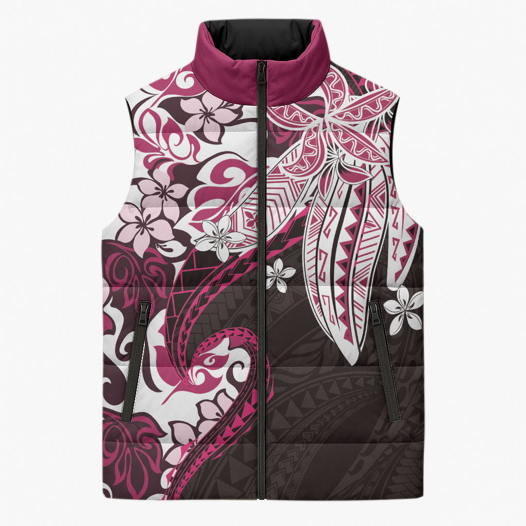 Monstera Plumeria Flowers Pink Sleeveless Puffer Jacket Polynesian Pattern LT01 Unisex Pink - Polynesian Pride