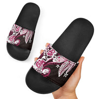 Monstera Plumeria Flowers Pink Slide Sandals Polynesian Pattern
