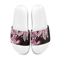 Monstera Plumeria Flowers Pink Slide Sandals Polynesian Pattern