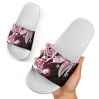 Monstera Plumeria Flowers Pink Slide Sandals Polynesian Pattern