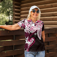 Monstera Plumeria Flowers Pink Women Polo Shirt Polynesian Pattern