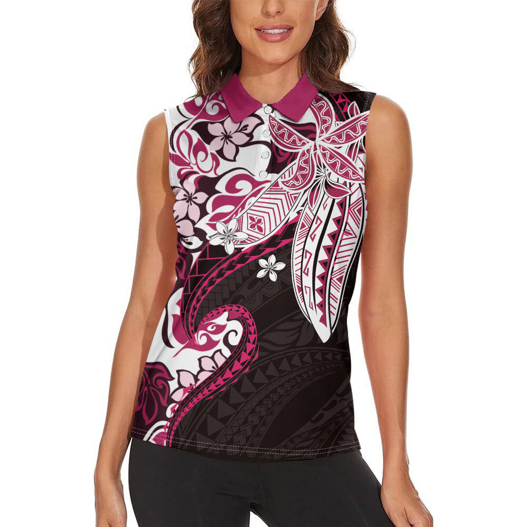 Monstera Plumeria Flowers Pink Women Sleeveless Polo Shirt Polynesian Pattern