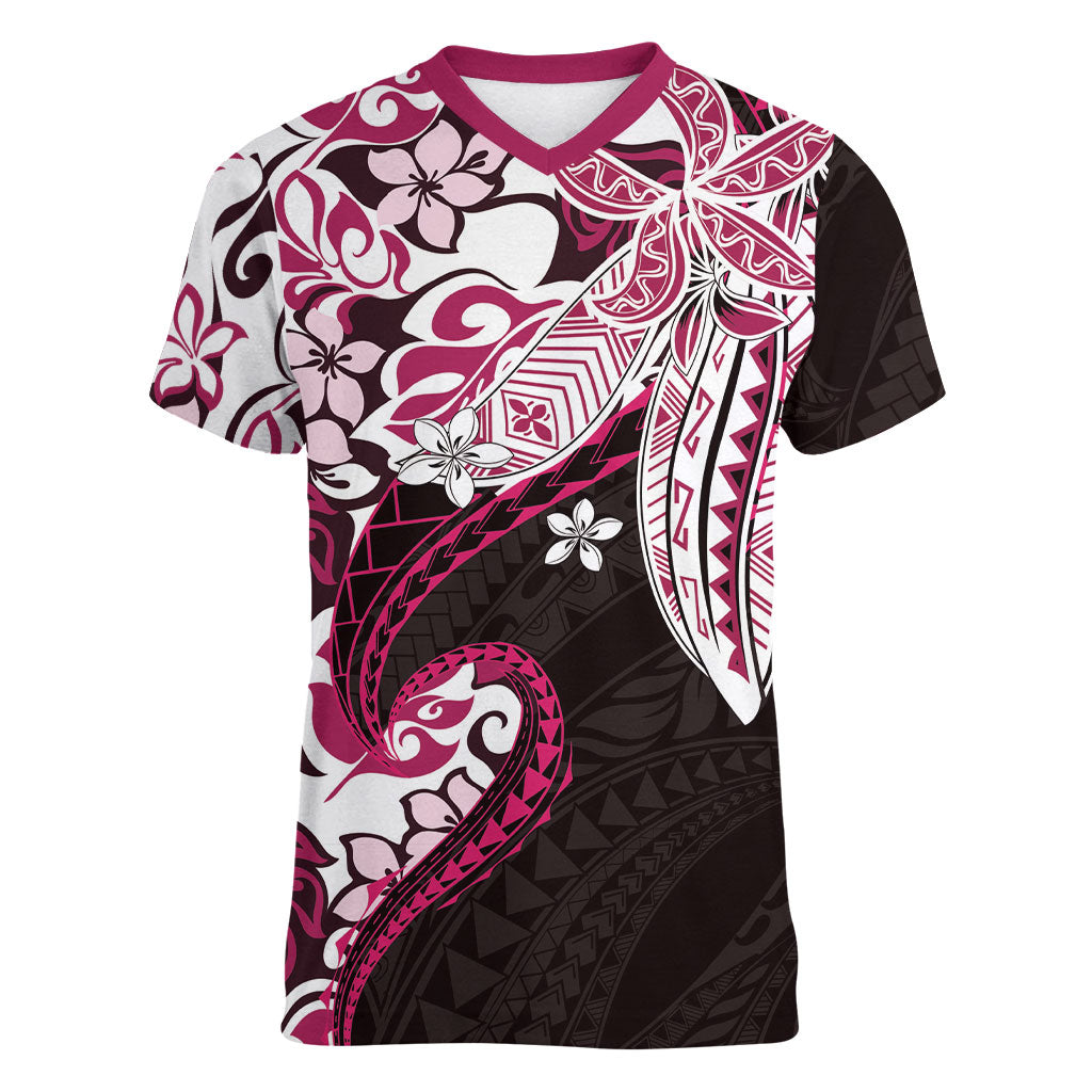 Monstera Plumeria Flowers Pink Women V-Neck T-Shirt Polynesian Pattern LT01 Female Pink - Polynesian Pride