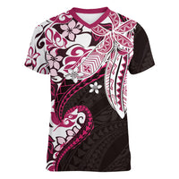 Monstera Plumeria Flowers Pink Women V-Neck T-Shirt Polynesian Pattern