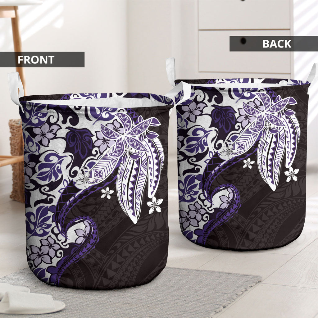 Monstera Plumeria Flowers Purple Laundry Basket Polynesian Pattern