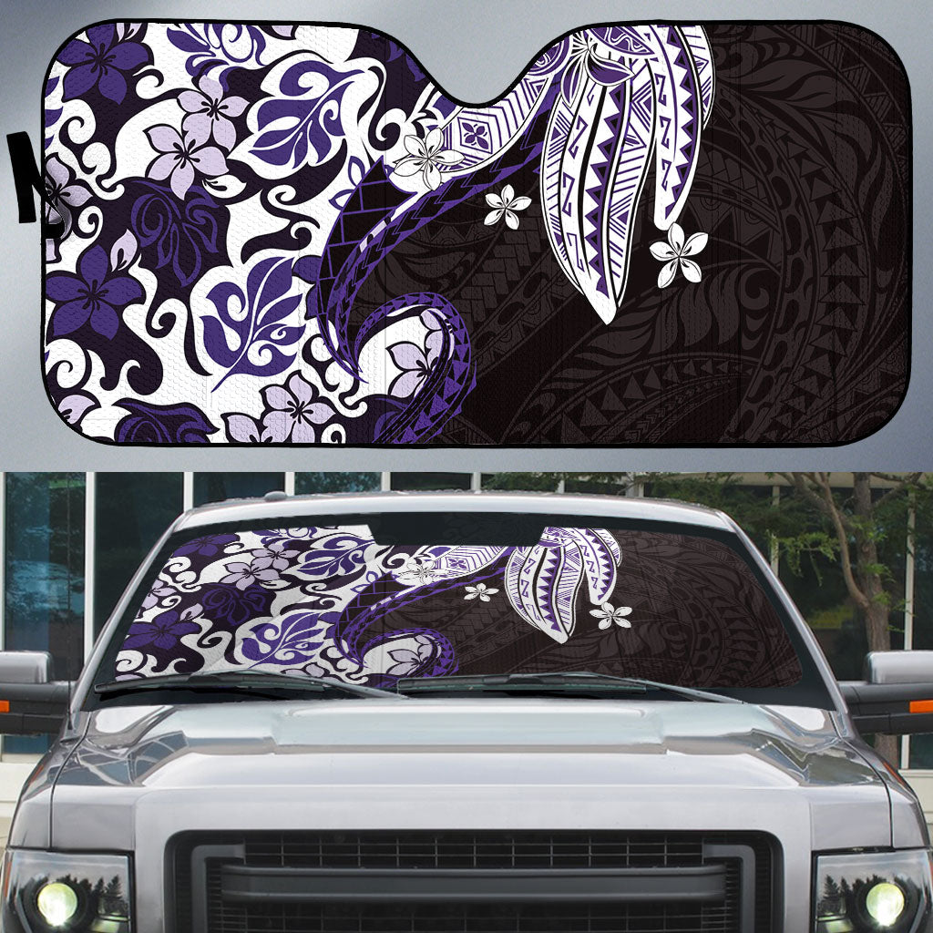 Monstera Plumeria Flowers Purple Auto Sun Shade Polynesian Pattern