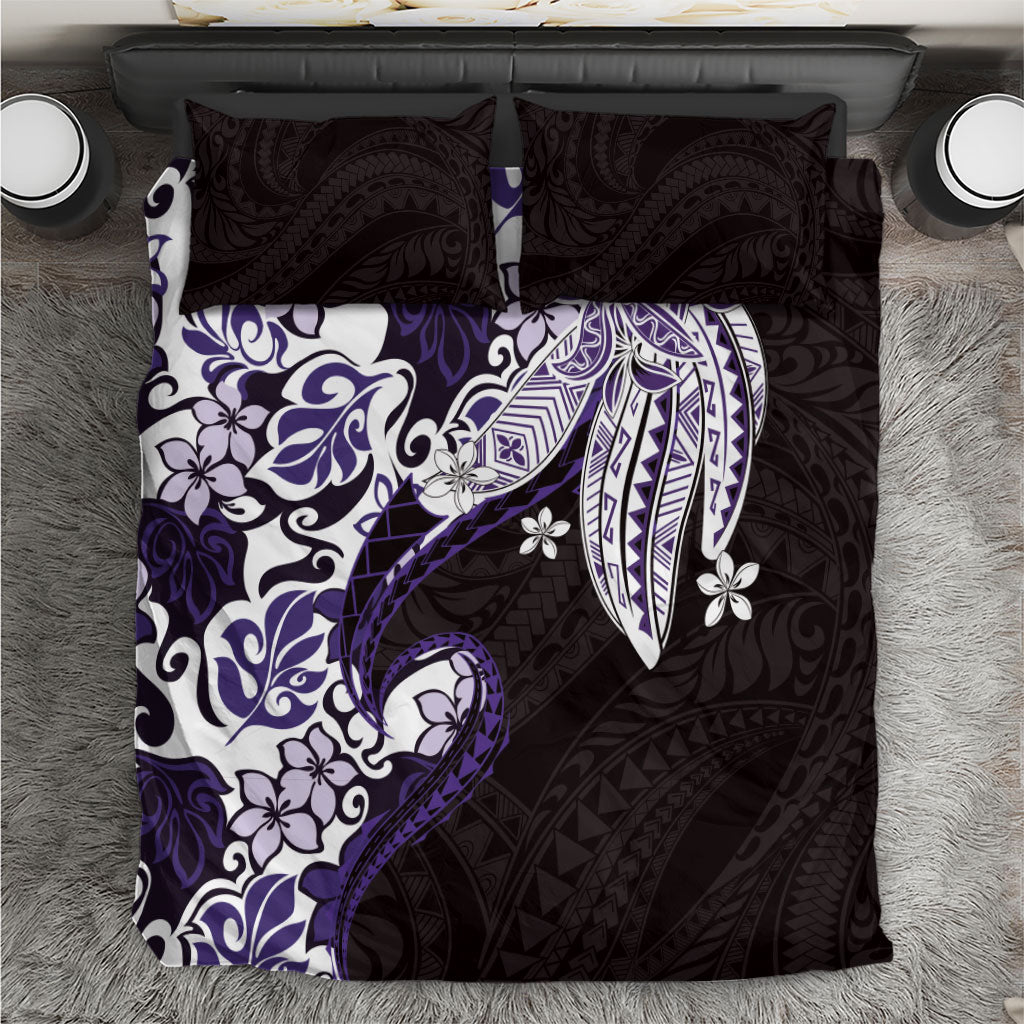 Monstera Plumeria Flowers Purple Bedding Set Polynesian Pattern
