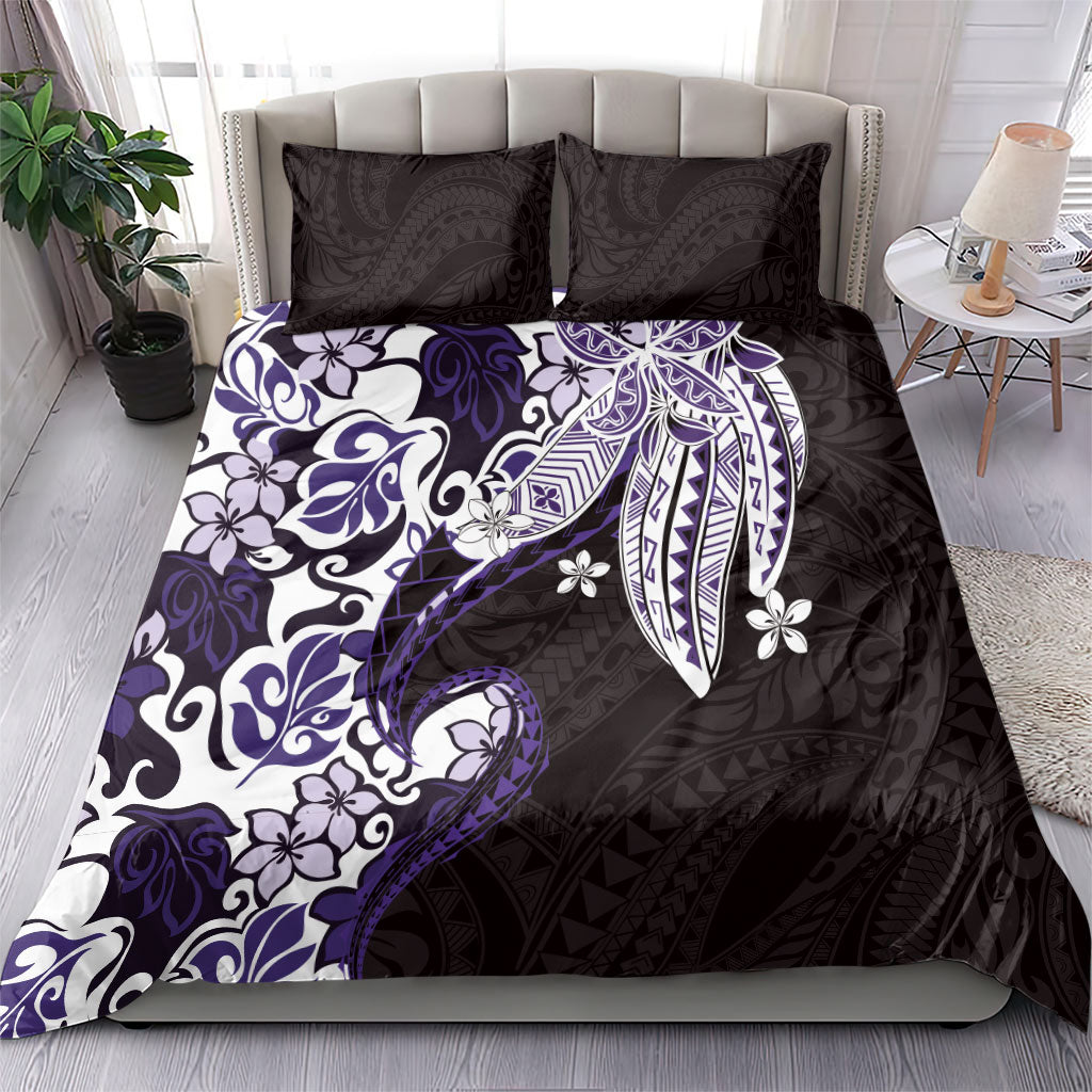 Monstera Plumeria Flowers Purple Bedding Set Polynesian Pattern