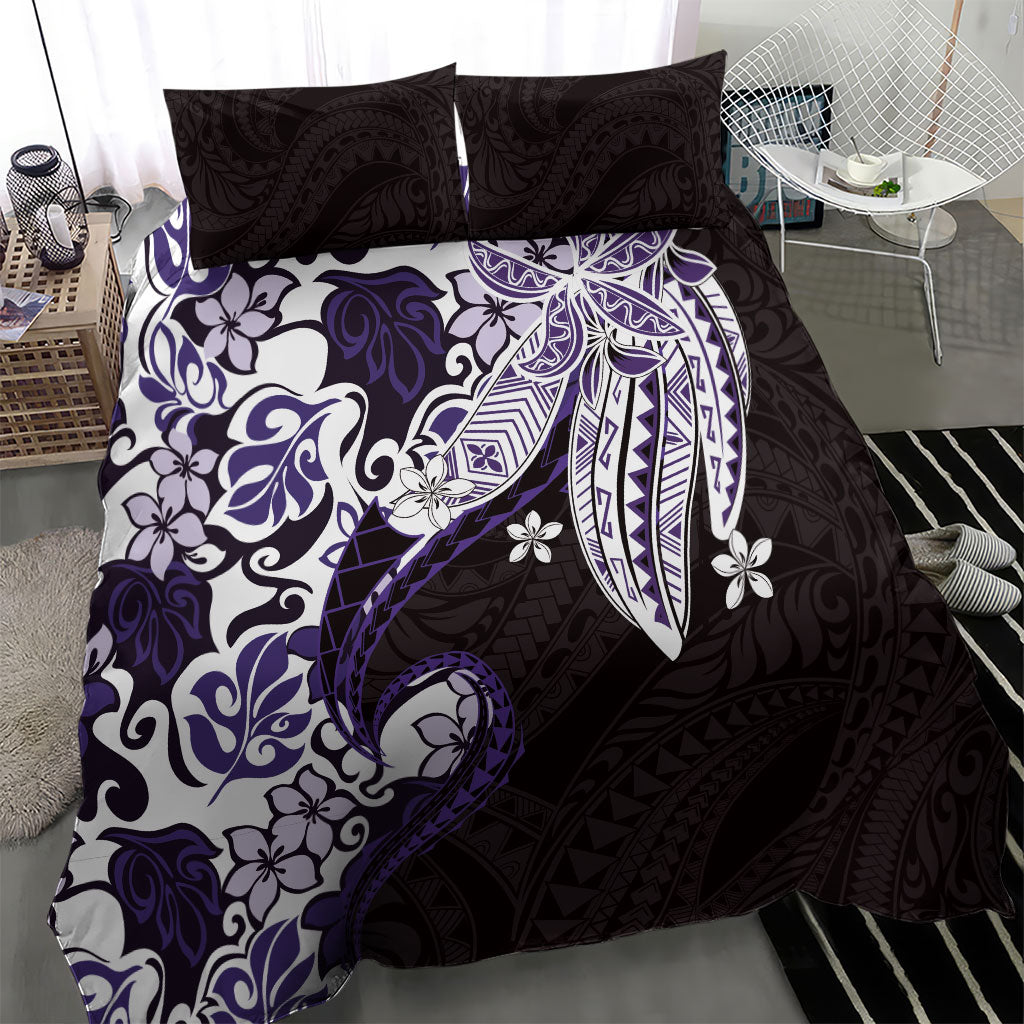 Monstera Plumeria Flowers Purple Bedding Set Polynesian Pattern